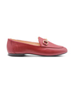 Burgundy (red) leather loafer with gold buckle detail side view slip on shoe  