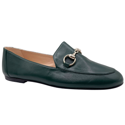 Hunter green leather loafer with sliver buckle detail slip on shoe angle view 