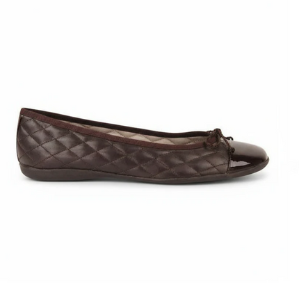 Side right view of passport brown quilted flat shoe with rubber sole and cap toe in brown patent leather. Featuring adjustable shoe string.