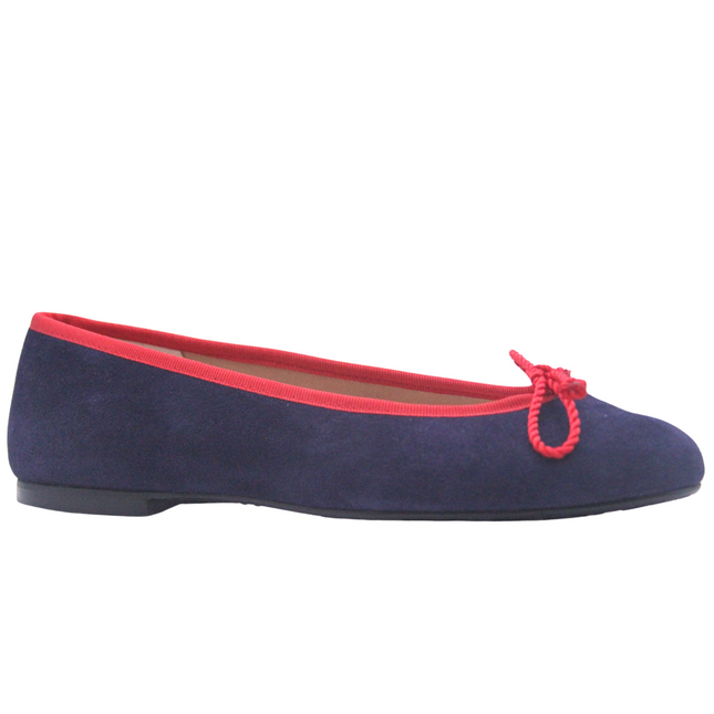 Navy Suede Ballet flat with Red grosgrain and drawstring bow Angle view 