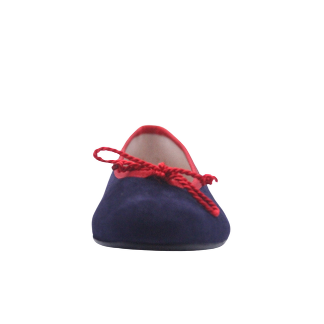 Navy Suede Ballet flat with Red grosgrain and drawstring bow side view 
