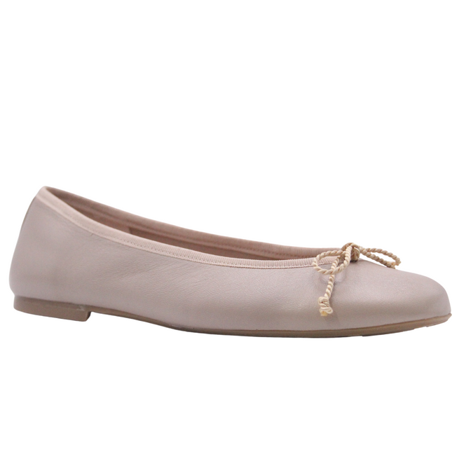 Nude Leather (Beige) ballet flat with a matching drawstring bow Angle View 