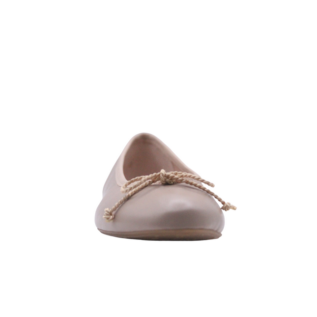 Nude Leather (Beige) ballet flat with a matching drawstring bow Front View 