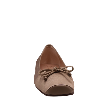 front view taupe satin ballet flat square toe with a satin beige bow
