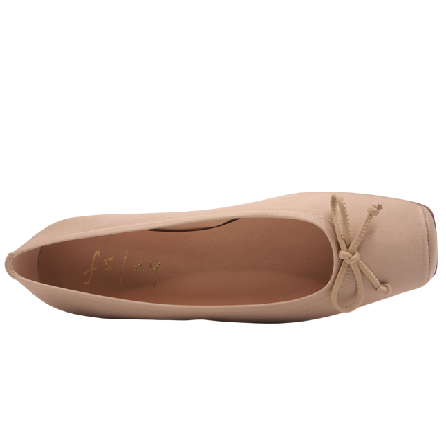 taupe satin ballet flat square toe with a satin beige bow top view 
