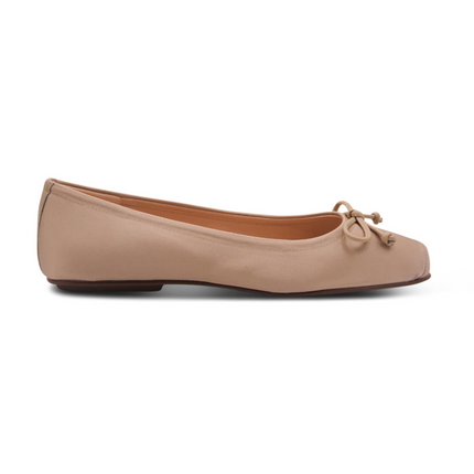 taupe satin ballet flat square toe with a satin beige bow - side view 
