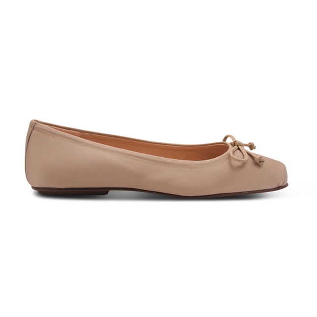 taupe satin ballet flat square toe with a satin beige bow - side view 
