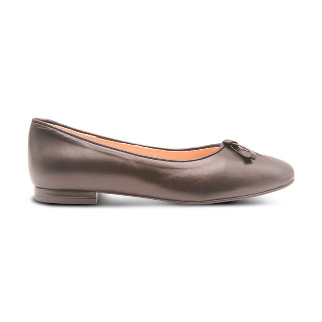 Black leather ballet flat with a soft square toe, an elongated toe box, and a small black leather flatten bow detail on the front. Side View 