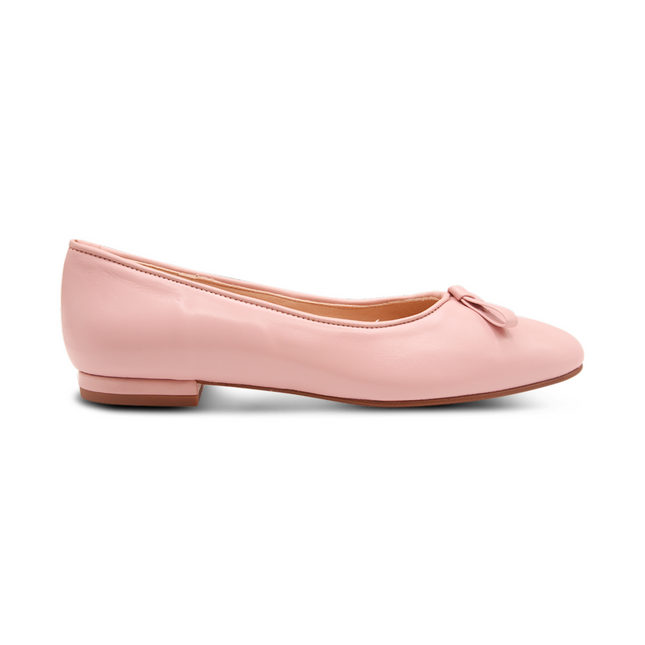 blush leather ballet flat with a soft square toe, an elongated toe box, and a small blush leather flatten bow detail on the front. Side View 