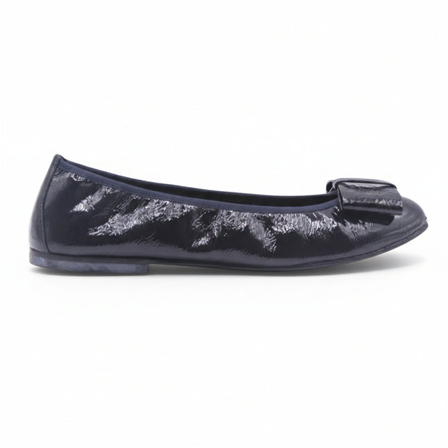 navy soft patent ballet flat with a navy soft paten bow and navy gross grain 