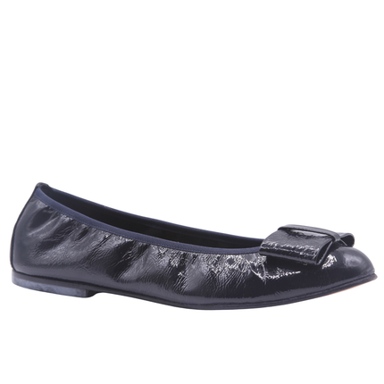 navy soft patent ballet flat with a navy soft paten bow and navy gross grain angle view