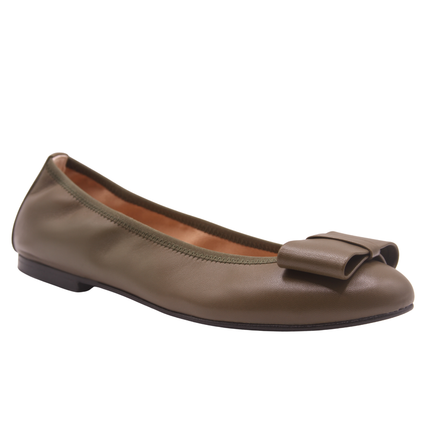 Olive leather ballet flat with a rounded toe and a large folded bow accent on the front. Angle View 