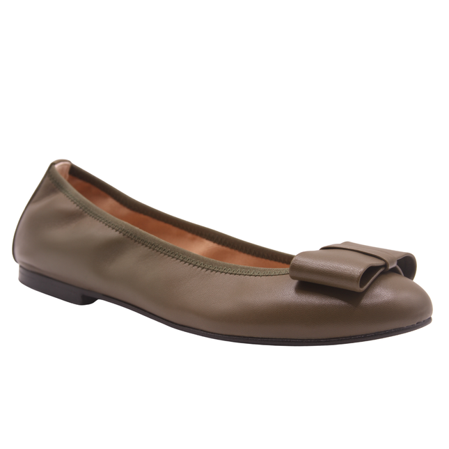 Olive leather ballet flat with a rounded toe and a large folded bow accent on the front. Angle View 
