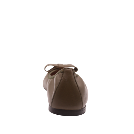 Olive leather ballet flat with a rounded toe and a large folded bow accent on the front. back view 