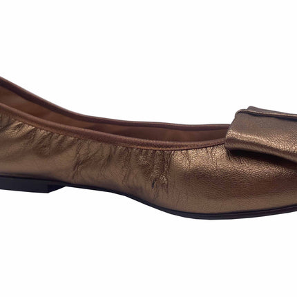 Bronze Metallic leather ballet flat with a rounded toe and a large folded bow accent on the front. side view Angle View