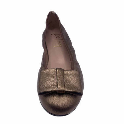 Bronze Metallic leather ballet flat with a rounded toe and a large folded bow accent on the front. side view top view