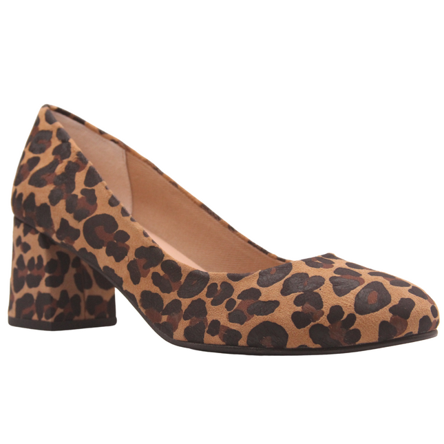 Leopard-print suede pump with a rounded toe and a block heel. Angle view 