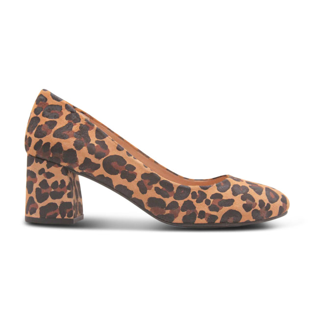 Leopard-print suede pump with a rounded toe and a block heel. side view 