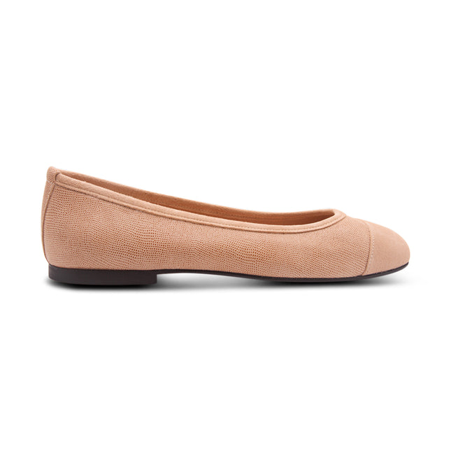 Beige textured ballet flat with a rounded toe and smooth suede cap-toe detail Side view