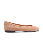 Beige textured ballet flat with a rounded toe and smooth suede cap-toe detail Side view