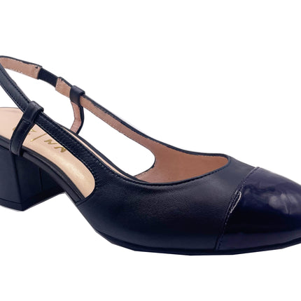 Navy leather slingback block heel with Navy patent cap toe round toe - angle view