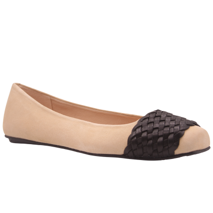 Beige suede ballet flat with a square toe and a black woven band detail across toe box angle view 