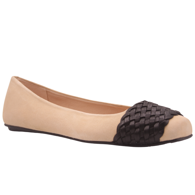 Beige suede ballet flat with a square toe and a black woven band detail across toe box angle view 