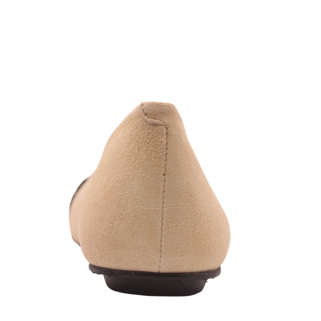 Beige suede ballet flat with a square toe and a black woven band detail across toe box back view 