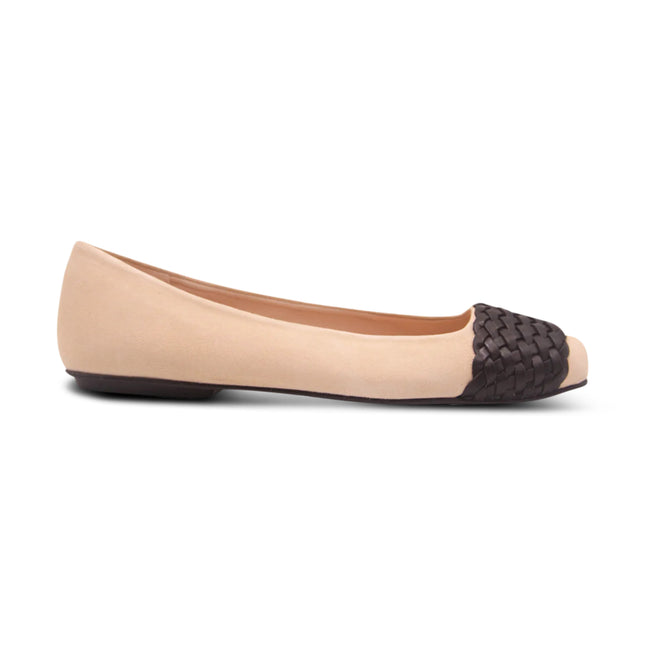 Beige suede ballet flat with a square toe and a black woven band detail across toe box side view 