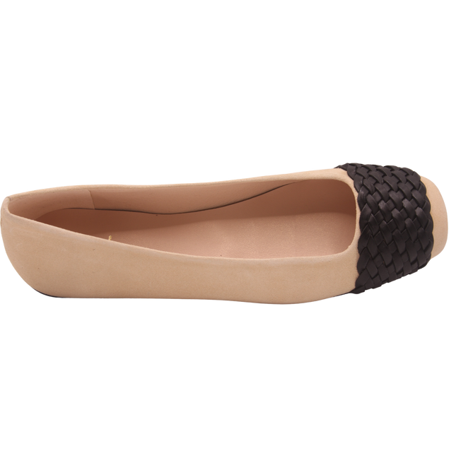 Beige suede ballet flat with a square toe and a black woven band detail across toe box top view 