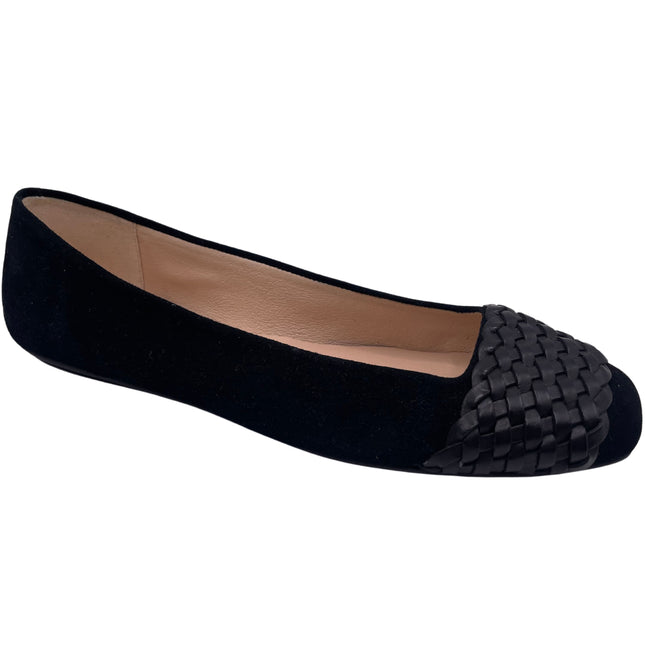 black suede ballet flat with a square toe and a black woven band detail across toe box angle view 