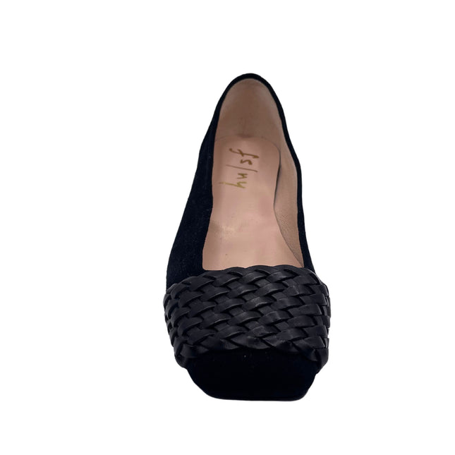 black suede ballet flat with a square toe and a black woven band detail across toe box top view 