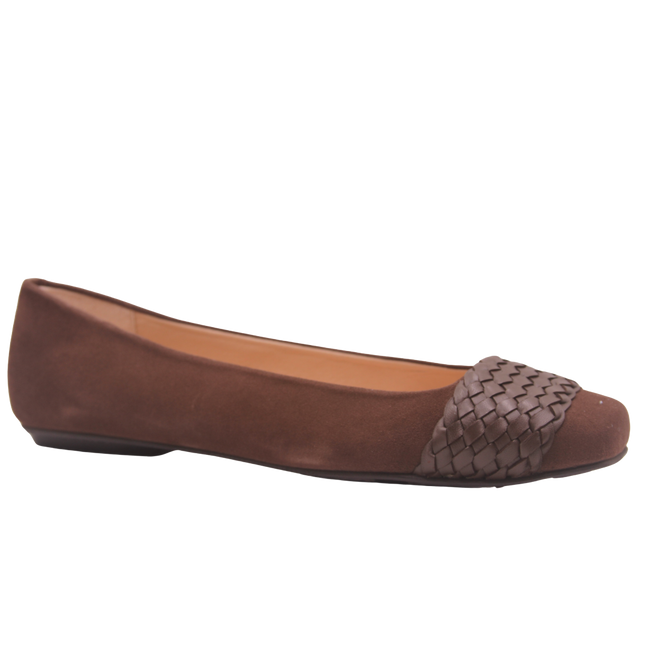 brown suede ballet flat with a square toe and a brown woven band detail across toe box angle view