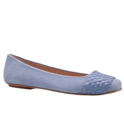 blue suede ballet flat with a square toe and a blue woven band detail across toe box angle view 