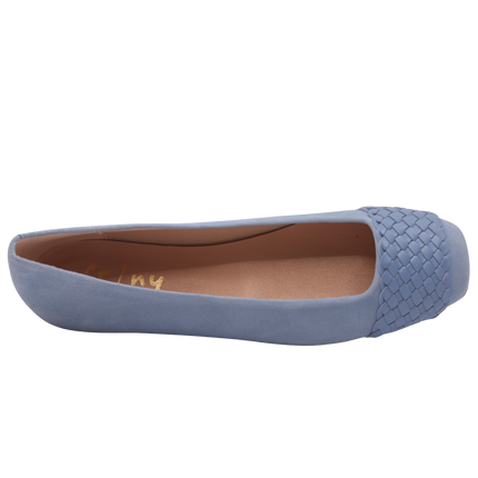 blue suede ballet flat with a square toe and a blue woven band detail across toe box top view 