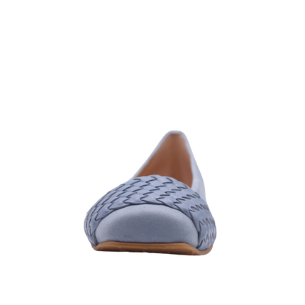 blue suede ballet flat with a square toe and a blue woven band detail across toe box front view 