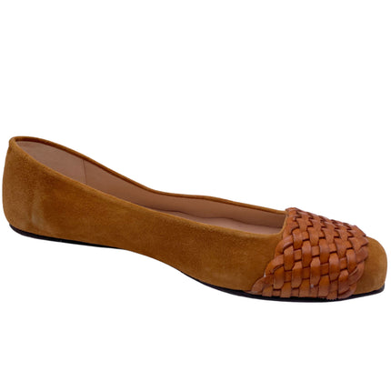 Tan suede ballet flat with a square toe and a  tan woven band detail across toe box angle view 