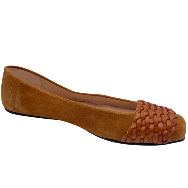 Tan suede ballet flat with a square toe and a  tan woven band detail across toe box angle view 