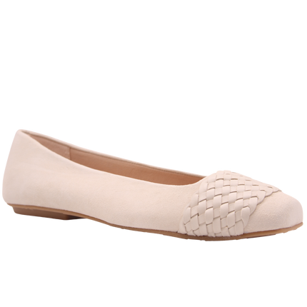 White suede ballet flat with a square toe and a  white woven band detail across toe box Angle view 