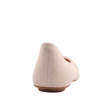 White suede ballet flat with a square toe and a  white woven band detail across toe box back view