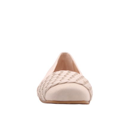 White suede ballet flat with a square toe and a  white woven band detail across toe box front view