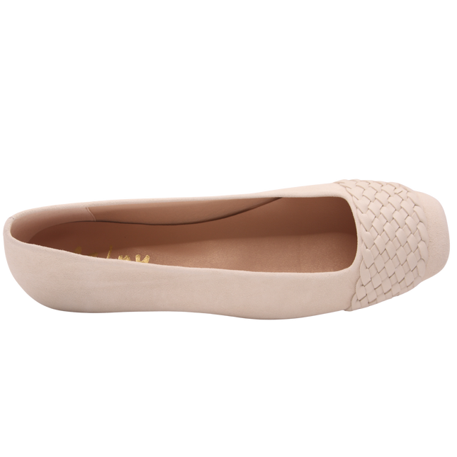 White suede ballet flat with a square toe and a  white woven band detail across toe box top view