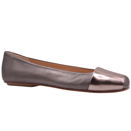 pewter leather ballet flat with a square toe and a glossy patent band across the toe box angle view 
