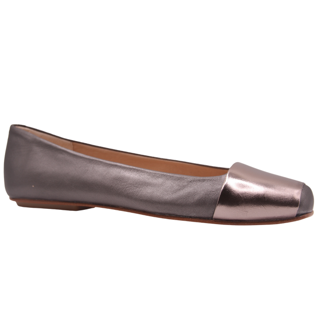 pewter leather ballet flat with a square toe and a glossy patent band across the toe box angle view 