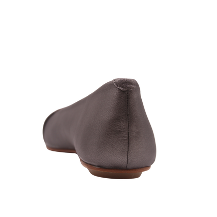 pewter leather ballet flat with a square toe and a glossy patent band across the toe box back view 