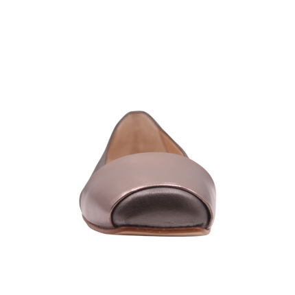 pewter leather ballet flat with a square toe and a glossy patent band across the toe box front view 