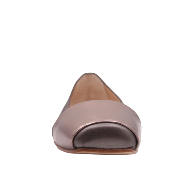 pewter leather ballet flat with a square toe and a glossy patent band across the toe box front view 