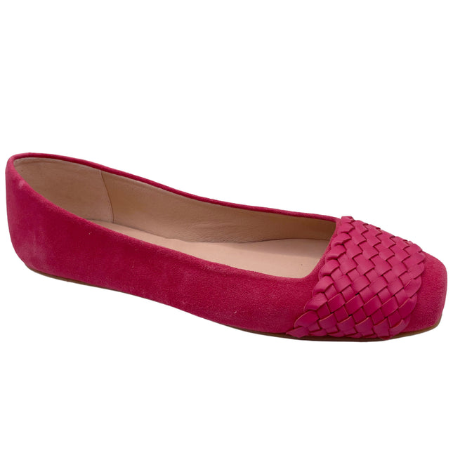 Fuchsia suede ballet flat with a square toe and a  Fuchsia woven band detail across toe box angle view 