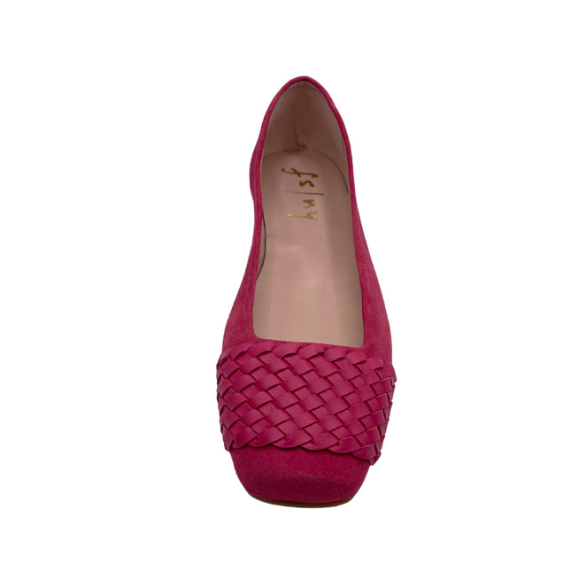 Fuchsia suede ballet flat with a square toe and a  Fuchsia woven band detail across toe box top view 