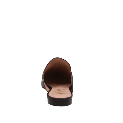 Black leather mule with almond toe, low heel, and a gold buckle detail on the upper back view 